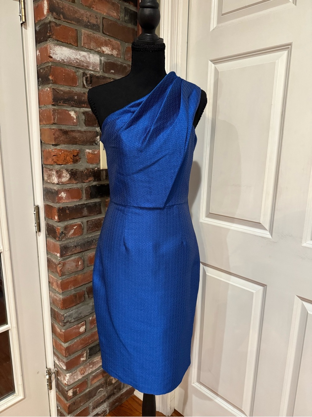 Monique Lhuillier One-Shoulder Cobalt Blue Draped Dress